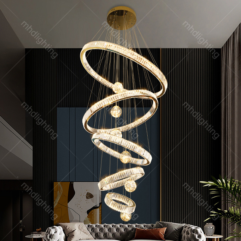 2024 New Modern High Ceiling House Villa Hotel Pendant Light Lobby Hanging  Stair Cristal Led Luxury Crystal Ring Chandelier