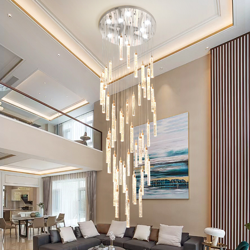 2024 New  Modern  Luxury Big Long Living  Stairs Foyer Gold Silver Long Crystal LED Chandelier