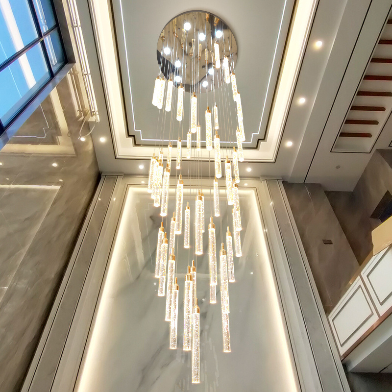 2024 New  Modern  Luxury Big Long Living  Stairs Foyer Gold Silver Long Crystal LED Chandelier