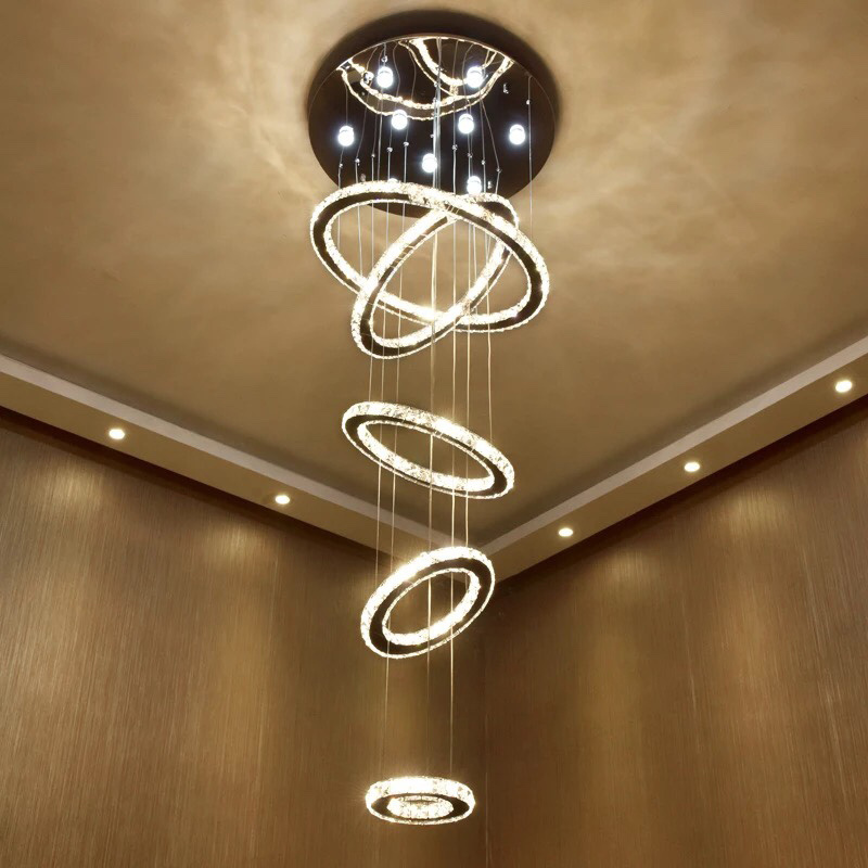 Modern Luxury High Ceiling Ring Living Room Art Deco Spiral Led Crystal Stair Chandelier Light