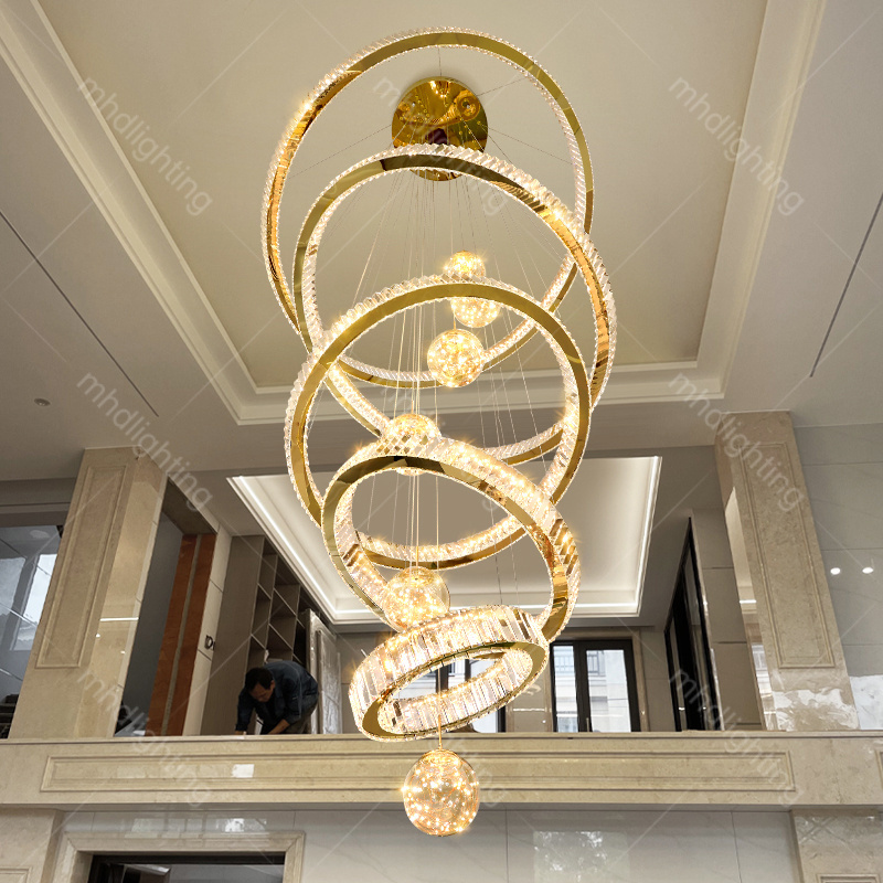 2024 New Modern High Ceiling House Villa Hotel Pendant Light Lobby Hanging  Stair Cristal Led Luxury Crystal Ring Chandelier