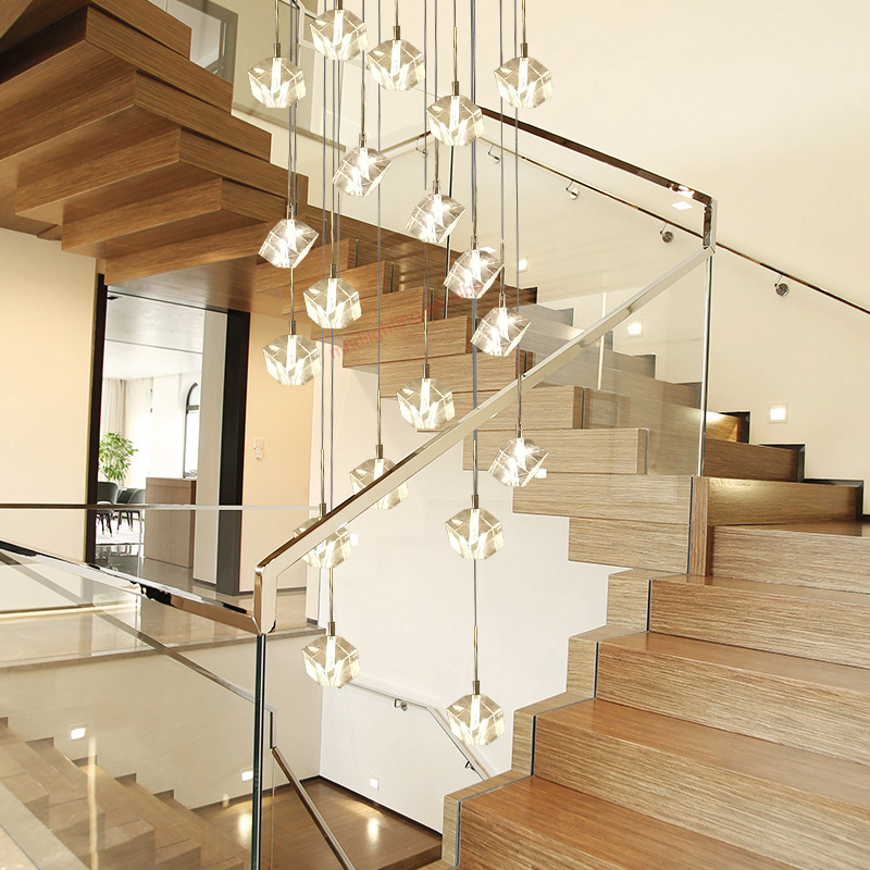 Glittering Square Minimalist Living Room Stairs Long Ice Crystal Chandelier Villa Penthouse Floor Spiral Staircase Chandeliers