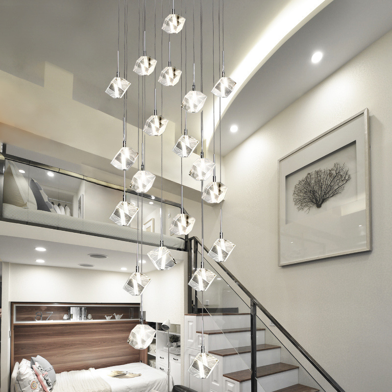 Glittering Square Minimalist Living Room Stairs Long Ice Crystal Chandelier Villa Penthouse Floor Spiral Staircase Chandeliers