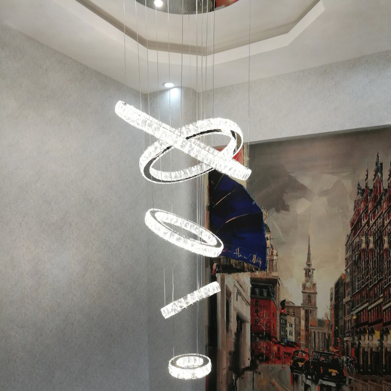 Modern Luxury High Ceiling Ring Living Room Art Deco Spiral Led Crystal Stair Chandelier Light