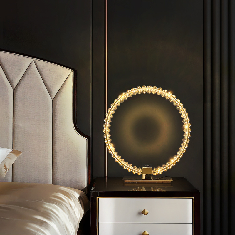 High Quality Modern Circle Ring Design Table Lamp Gold Chrome Color Stainless Steel k9 Crystal Bedside Table Lamp