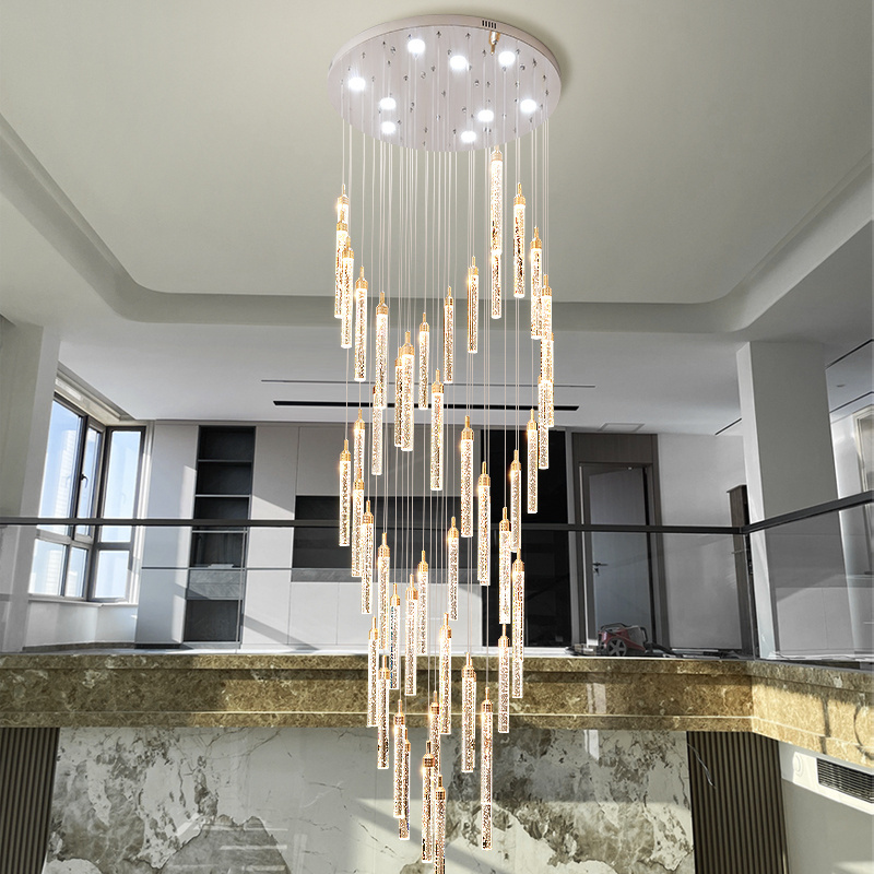 2024 New  Modern  Luxury Big Long Living  Stairs Foyer Gold Silver Long Crystal LED Chandelier