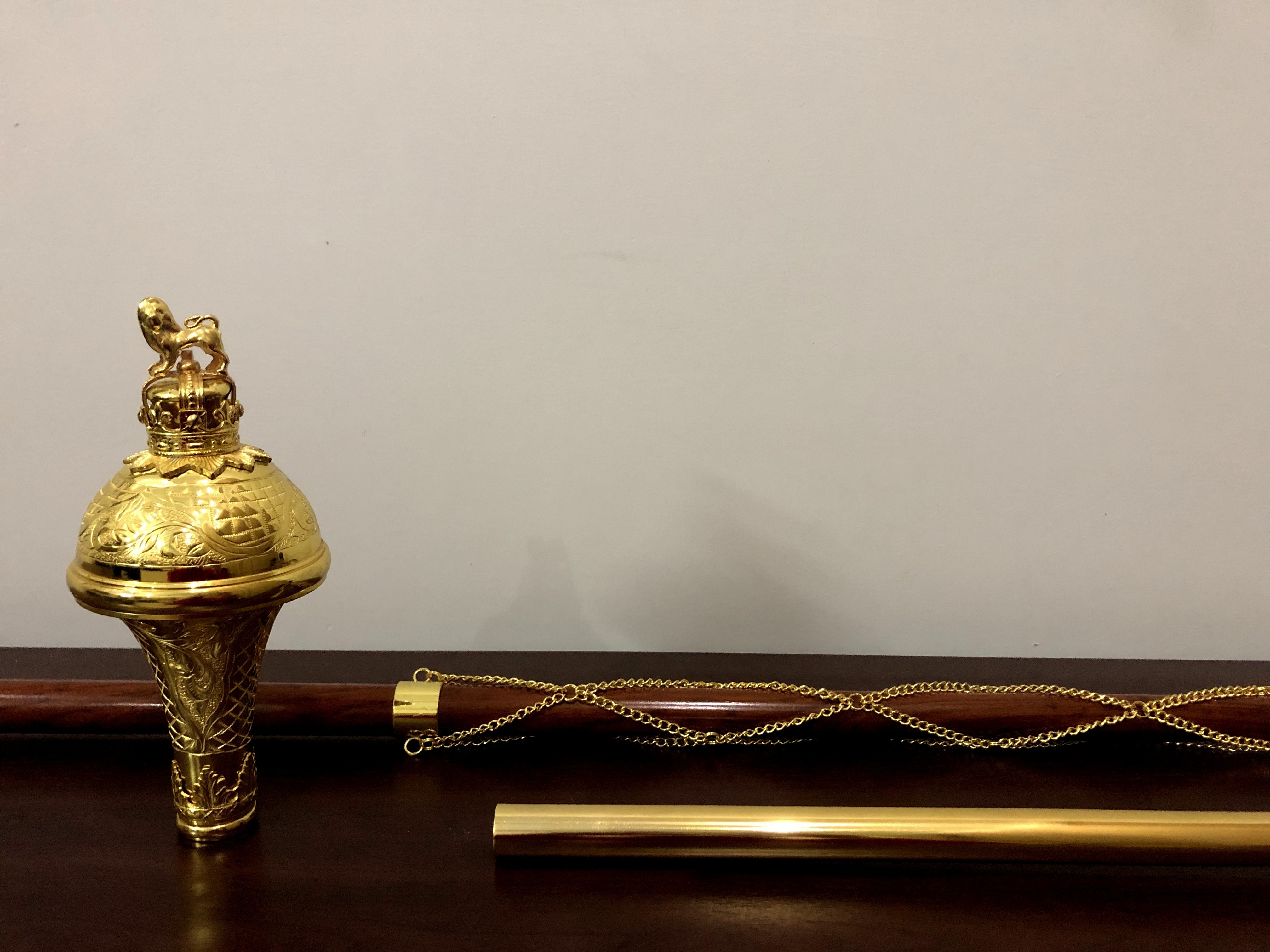 Gevon Golden | Lion & Crown Head Hand Engraved | Drum Major Ceremonial Mace Stick | Soft Carry Bag