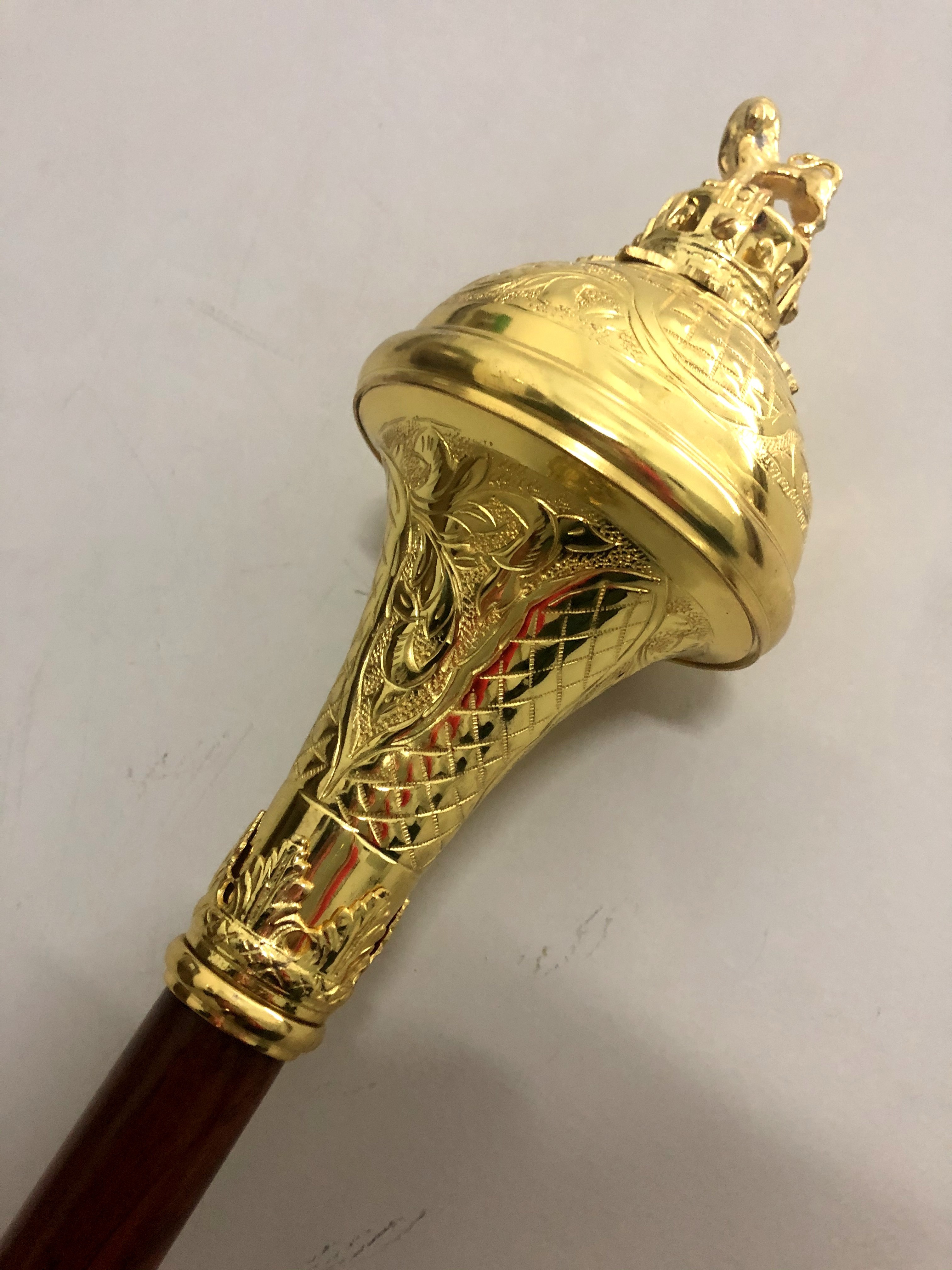 Gevon Golden | Lion & Crown Head Hand Engraved | Drum Major Ceremonial Mace Stick | Soft Carry Bag