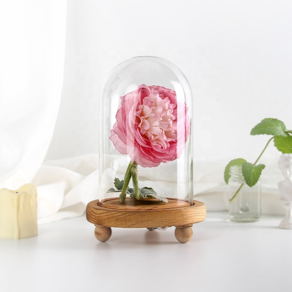 Decorative Borosilicate Clear Display bell jar Preserved Roses Glass Cloche Dome with Wood Base for Home Decoration