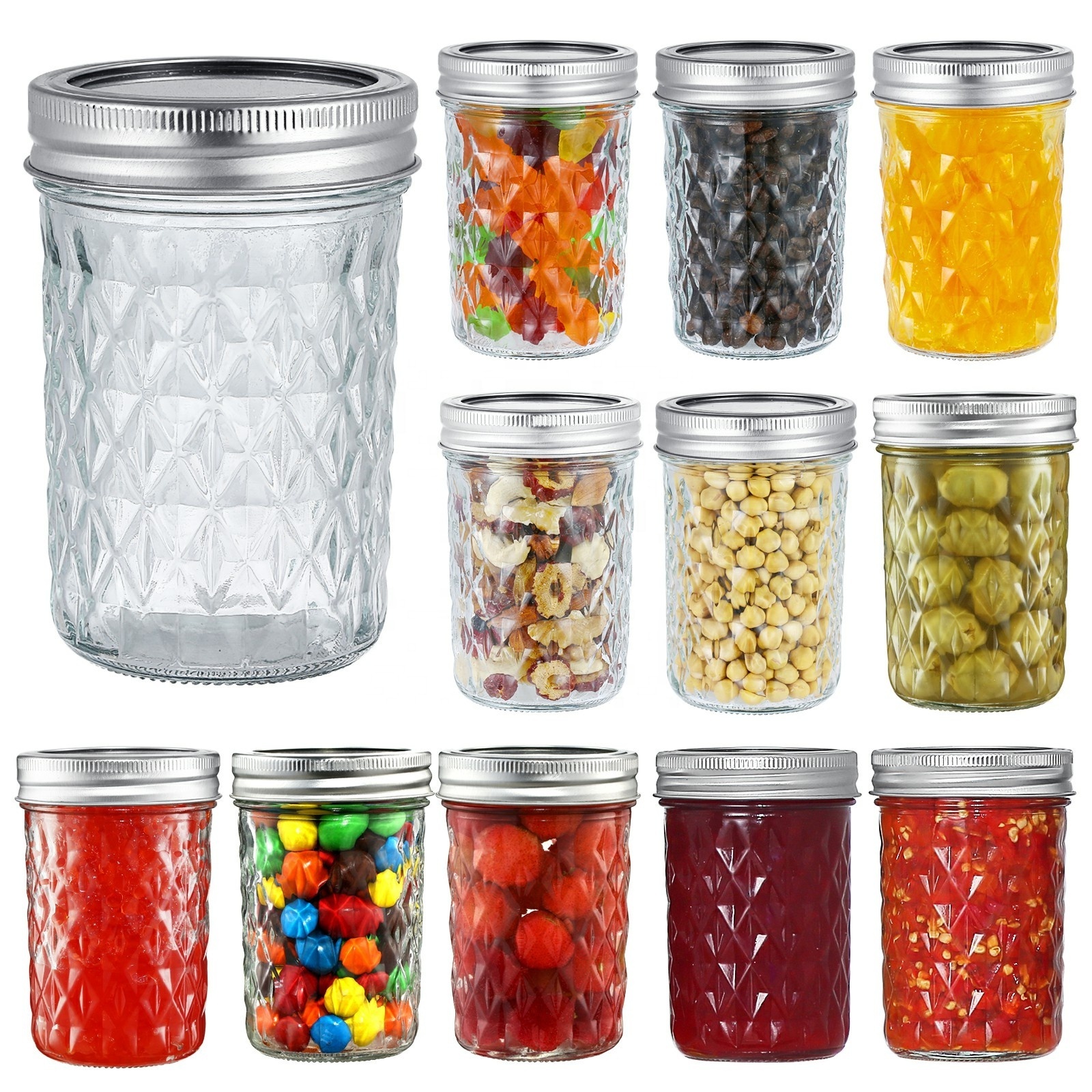 Diamond 8oz 16oz honey jam jar clear pickles caviar glass bottle empty wide mouth mason jar with lid