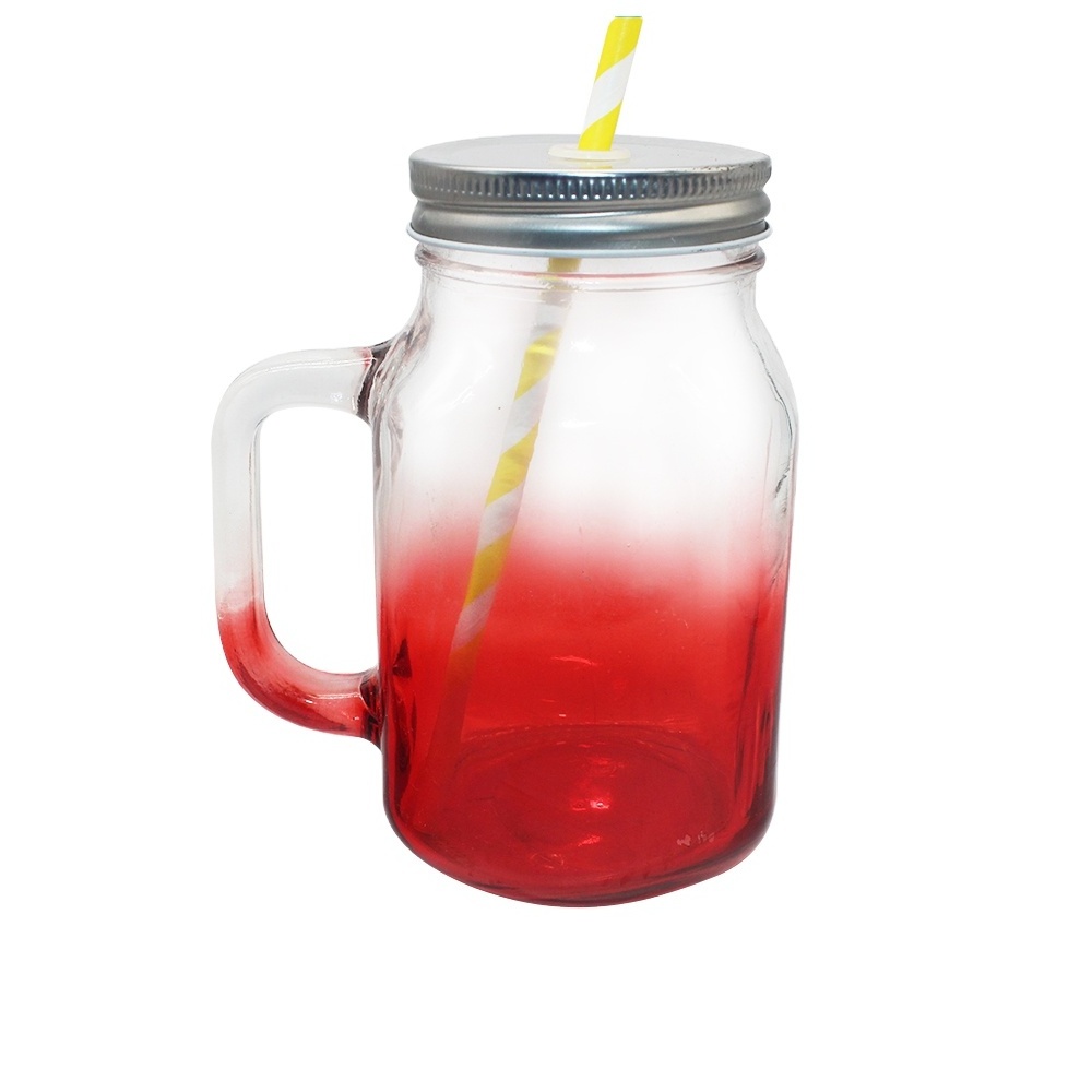 Fancy customized clear ice drinking glass jug mason jar with handle and straw