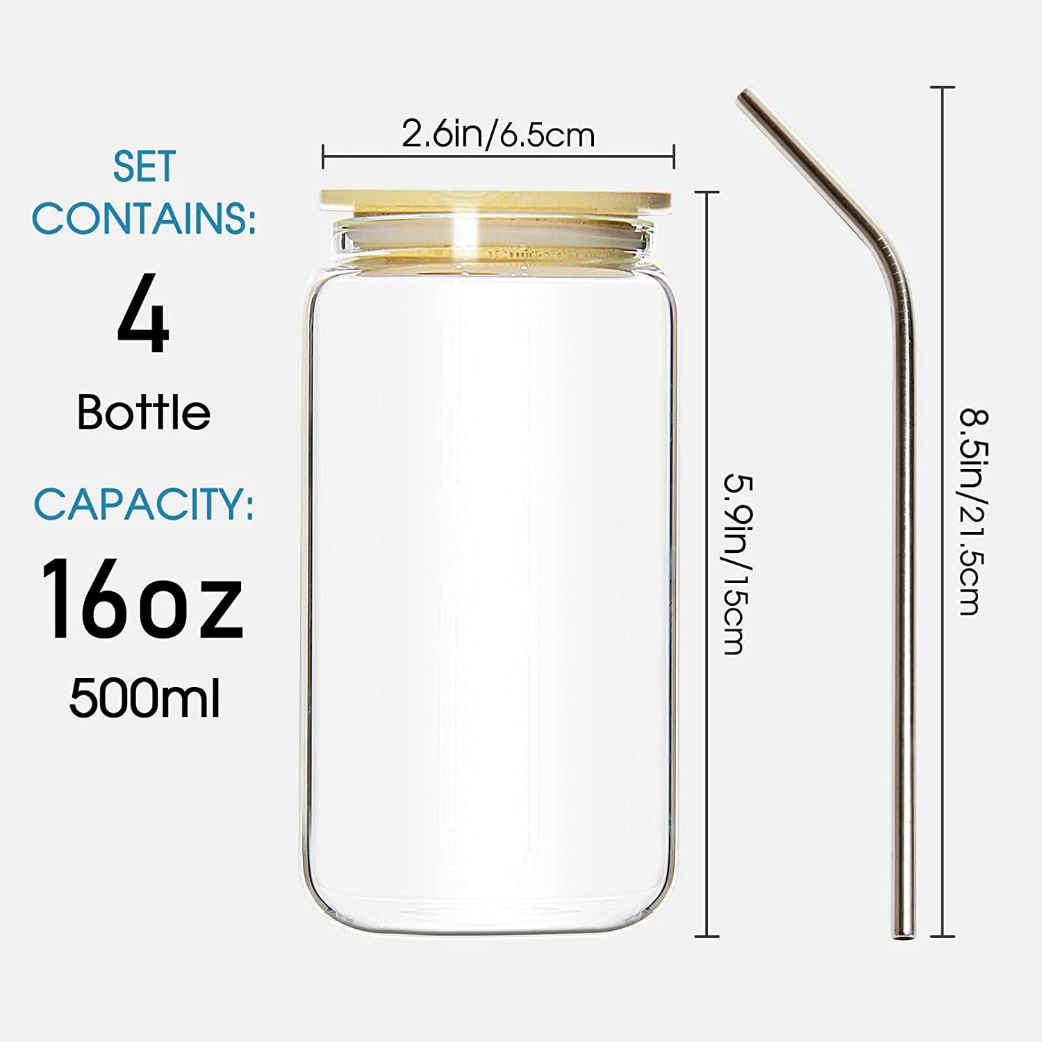 Hot Sale Boba Tea Water Beer Can Shaped Drinking Glasses 12oz 16 oz Glass Cups with Bamboo Lid and Straw