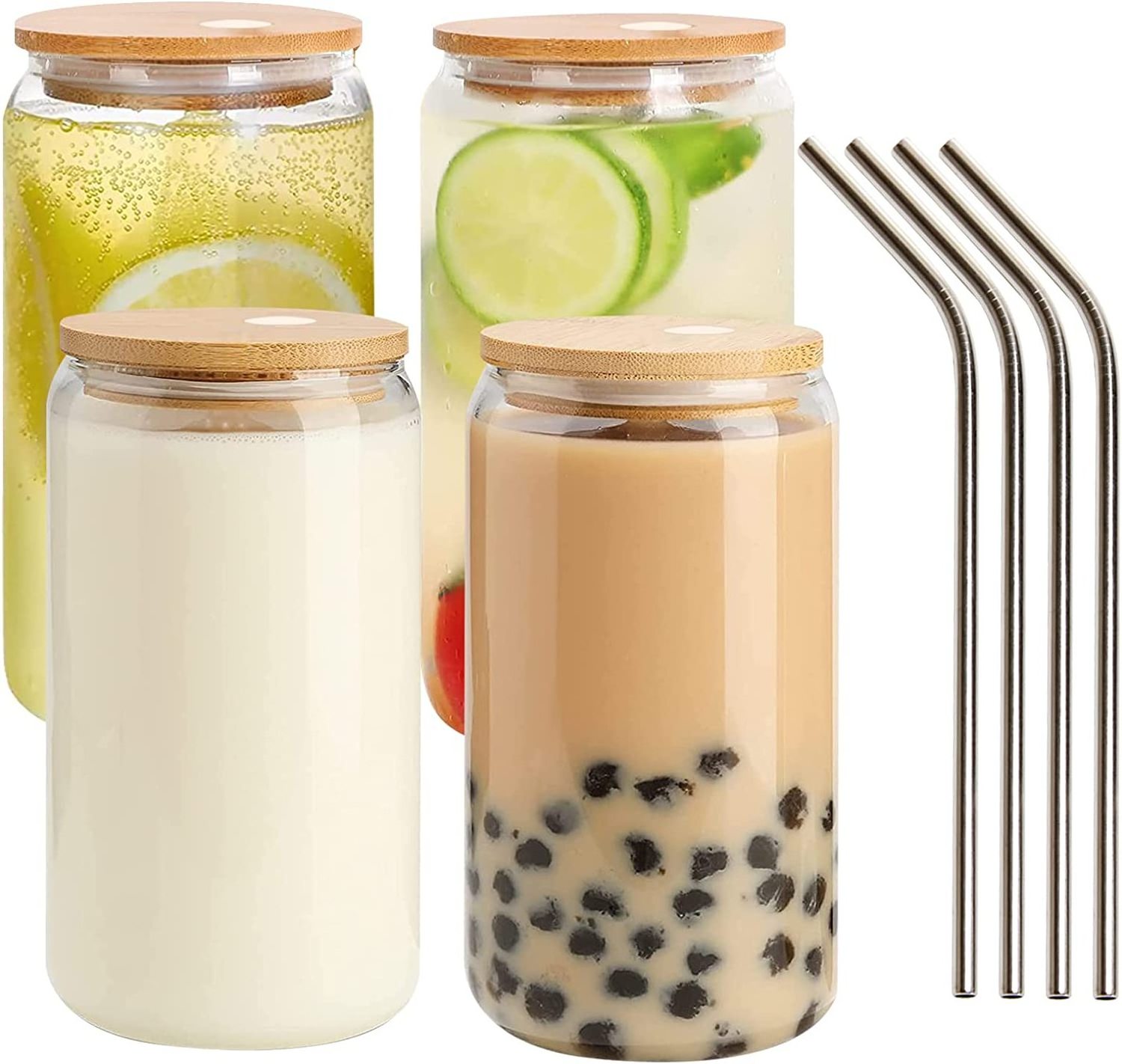 Hot Sale Boba Tea Water Beer Can Shaped Drinking Glasses 12oz 16 oz Glass Cups with Bamboo Lid and Straw