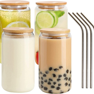 Hot Sale Boba Tea Water Beer Can Shaped Drinking Glasses 12oz 16 oz Glass Cups with Bamboo Lid and Straw