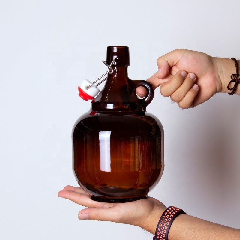 MH Amber Brown Glass Beer Bottles 1L 2L 1000ml 32oz 64oz Growler Swing Top Jug With Small Handle