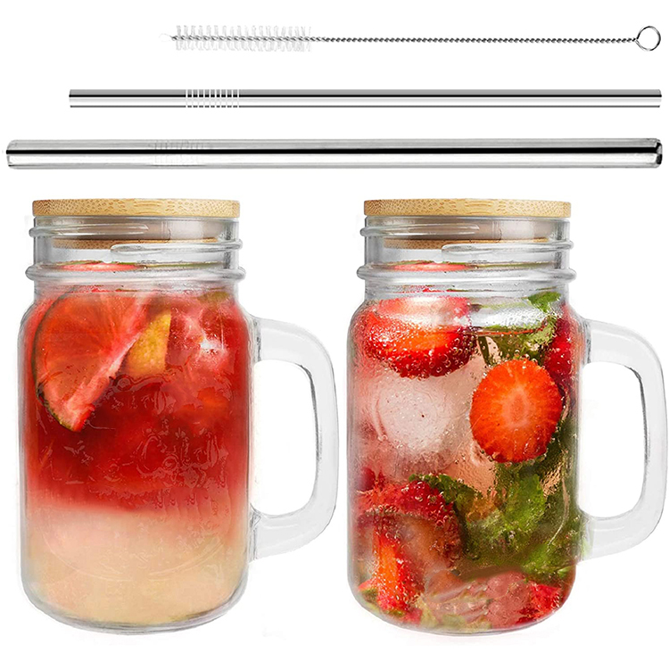 Fancy customized clear ice drinking glass jug mason jar with handle and straw