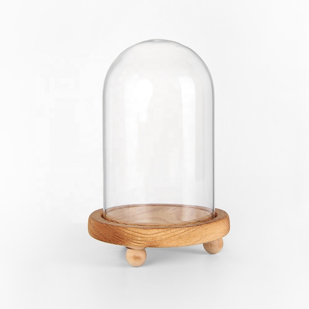 Decorative Borosilicate Clear Display bell jar Preserved Roses Glass Cloche Dome with Wood Base for Home Decoration