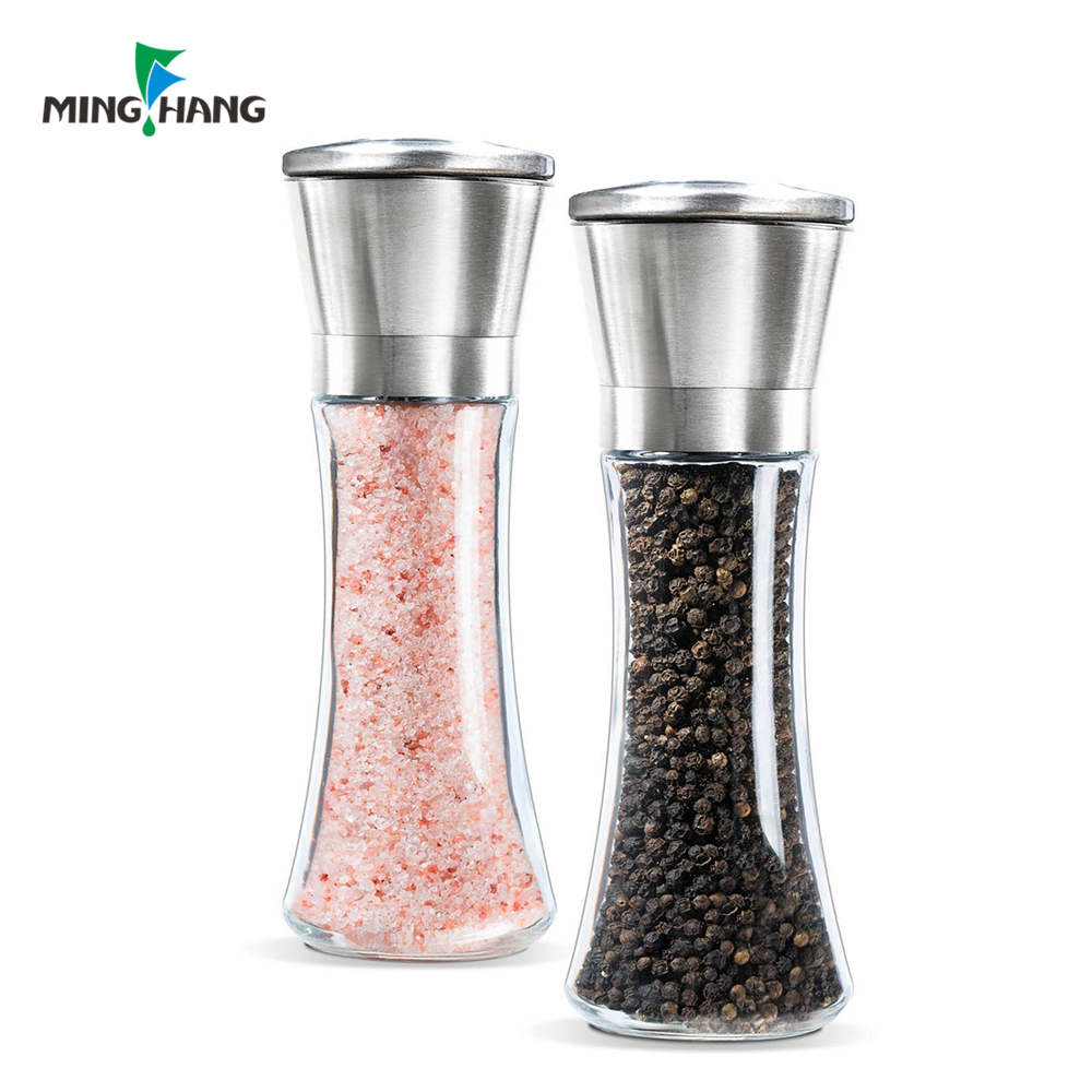 Wholesale Clear Spice Glass Bottle Salt Pepper Grinder 180ml Spice Bottle with Manual stainless steel Grinder