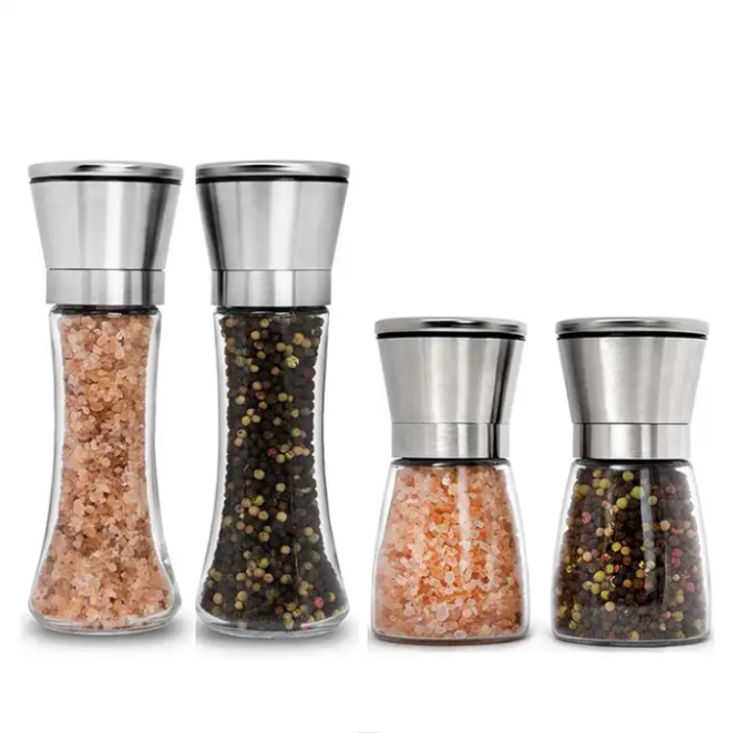 Wholesale Clear Spice Glass Bottle Salt Pepper Grinder 180ml Spice Bottle with Manual stainless steel Grinder