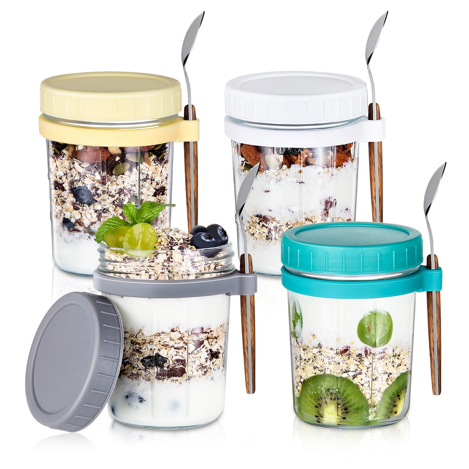 10oz 16oz glass mason overnight oats container Overnight Oatmeal Glass jar with measuring marks and spoon