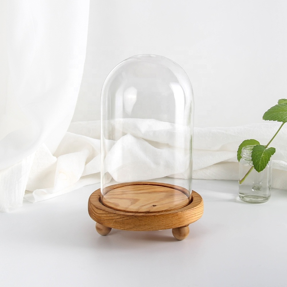 Decorative Borosilicate Clear Display bell jar Preserved Roses Glass Cloche Dome with Wood Base for Home Decoration