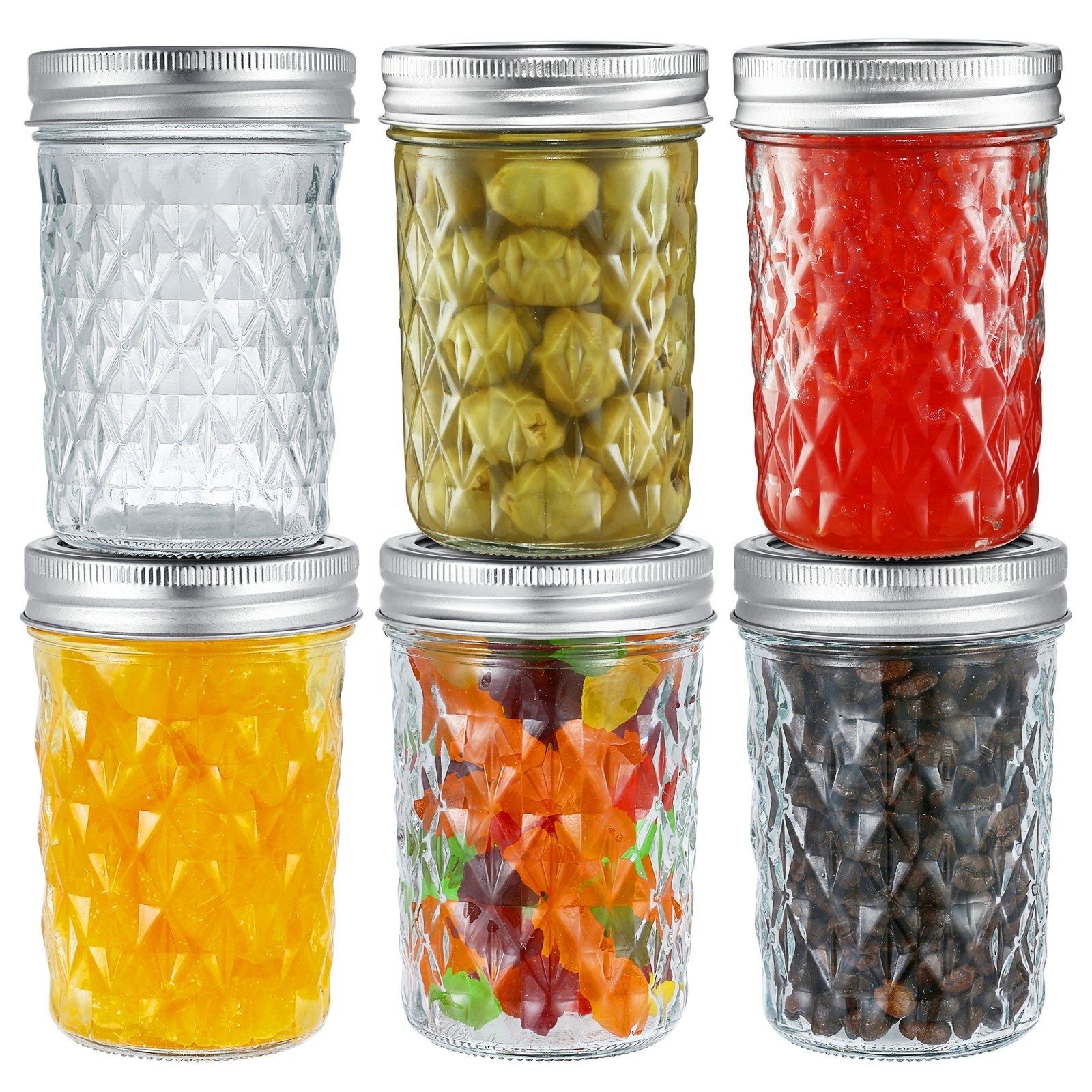 Diamond 8oz 16oz honey jam jar clear pickles caviar glass bottle empty wide mouth mason jar with lid