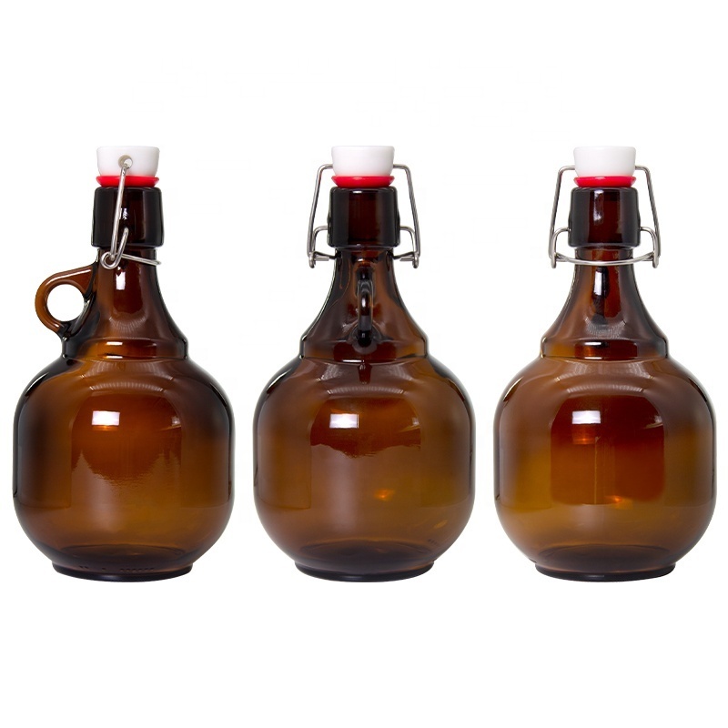 MH Amber Brown Glass Beer Bottles 1L 2L 1000ml 32oz 64oz Growler Swing Top Jug With Small Handle