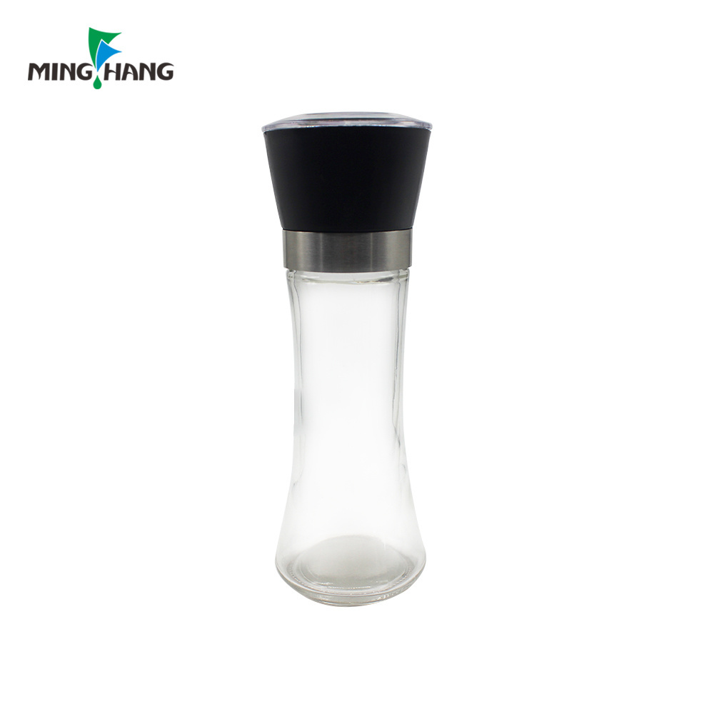 Wholesale Clear Spice Glass Bottle Salt Pepper Grinder 180ml Spice Bottle with Manual stainless steel Grinder