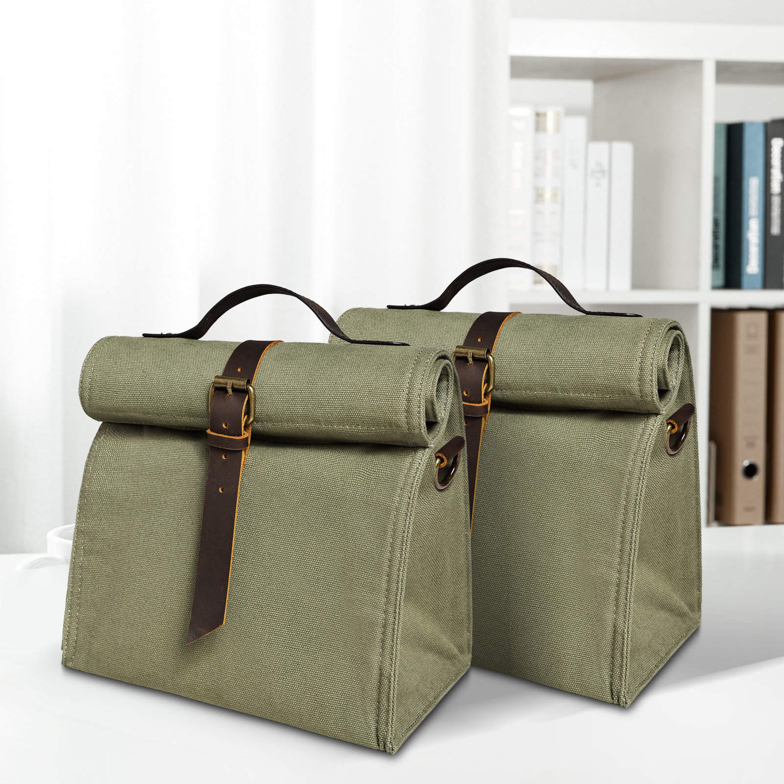 Outdoor Simple Portable Eco-Friendly Insulated Bag Leather Handles Thermal Cooler Bag With Shoulder Strap Canvas Lunch Bags