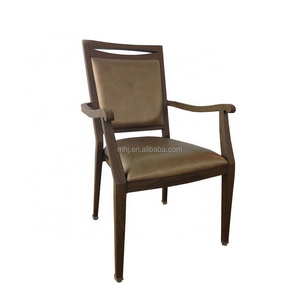 stacking senior living dining chair wood grain padded aluminum arm chair