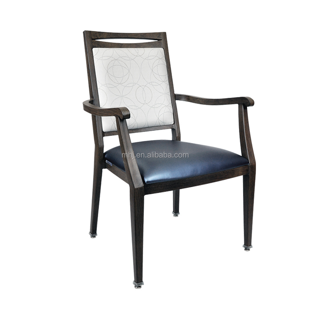 stacking senior living dining chair wood grain padded aluminum arm chair