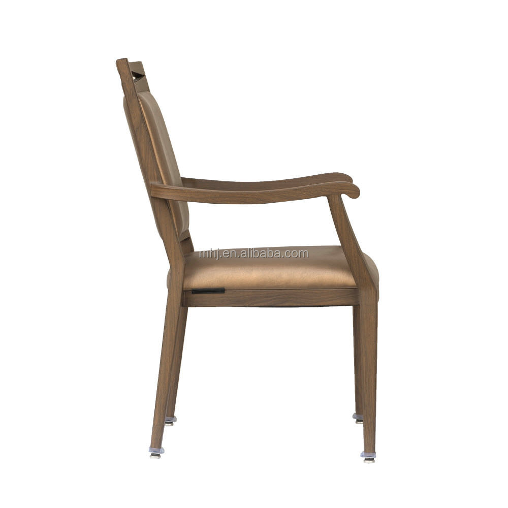 stacking senior living dining chair wood grain padded aluminum arm chair