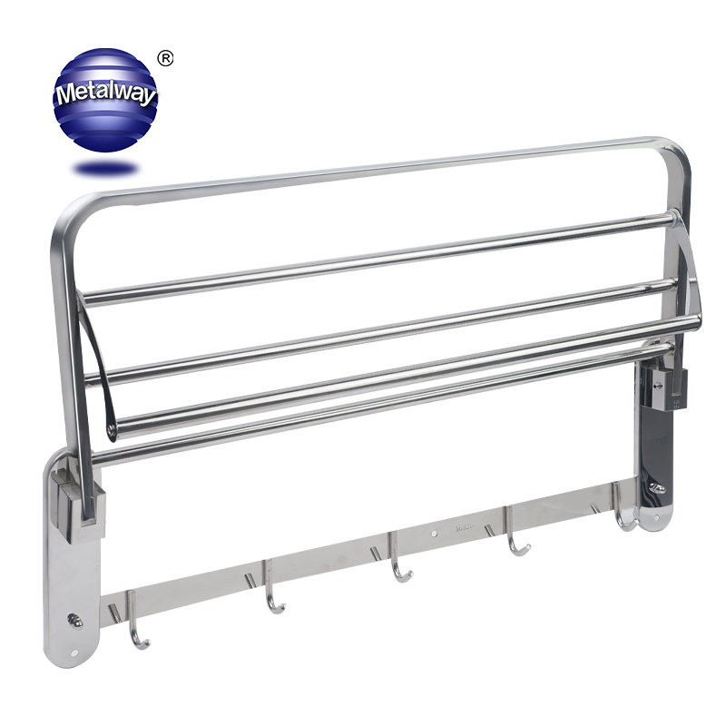 Modern Folding Towel Shelf Bath fittings 304 stainless steel wall mounted bathroom towel racks with hooks