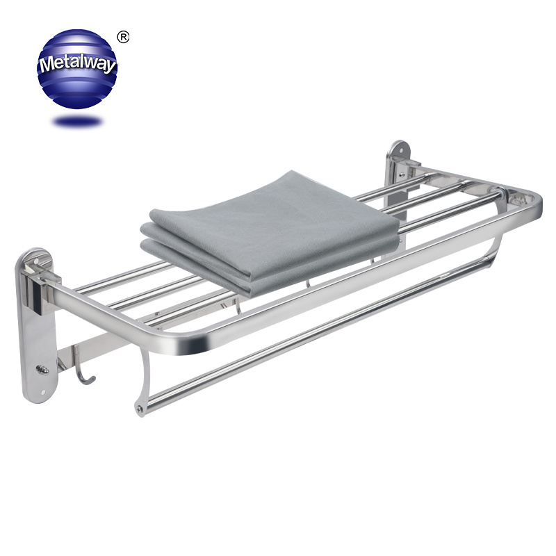 Modern Folding Towel Shelf Bath fittings 304 stainless steel wall mounted bathroom towel racks with hooks