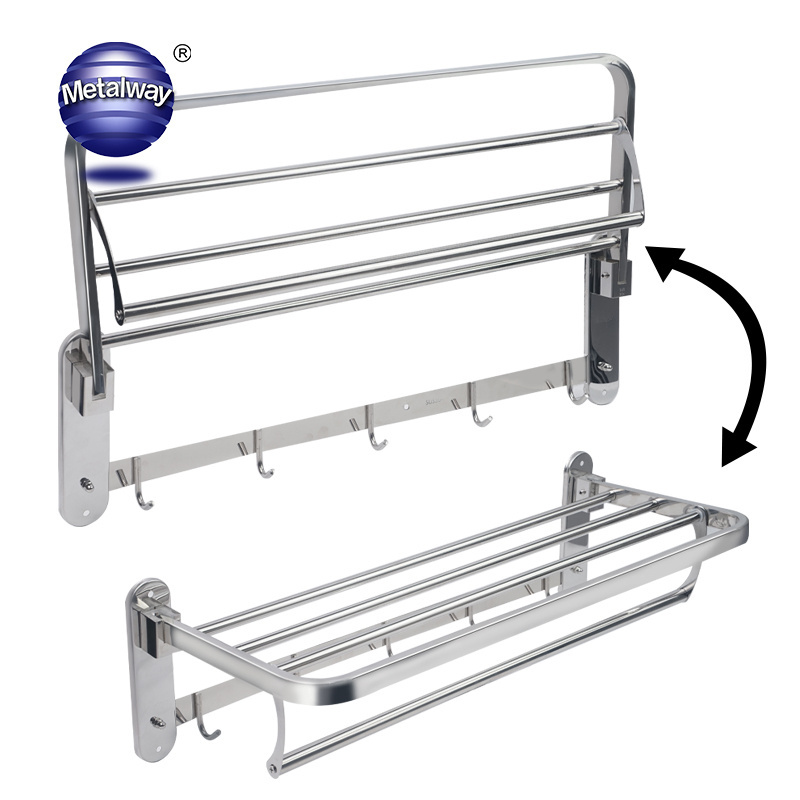 Modern Folding Towel Shelf Bath fittings 304 stainless steel wall mounted bathroom towel racks with hooks