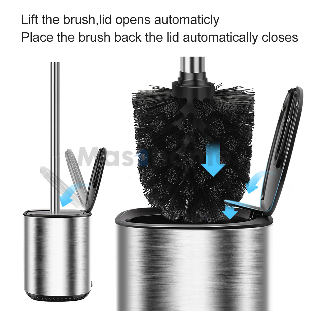 Masthome Automatical Lid Stainless Steel Toilet Cleaning Brush Toilet Brush And Holder Set For Bathroom