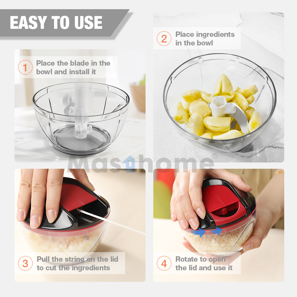 Masthome Multiple Use Manual Garlic Chopper Pull Cord Egg Whisk Pepper Vegetable Fruits Meat Food Chopper