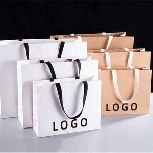 Custom Gold Logo Matt Black Craft Shopping Bag Large Luxury White Packaging Paper Bags For Clothing