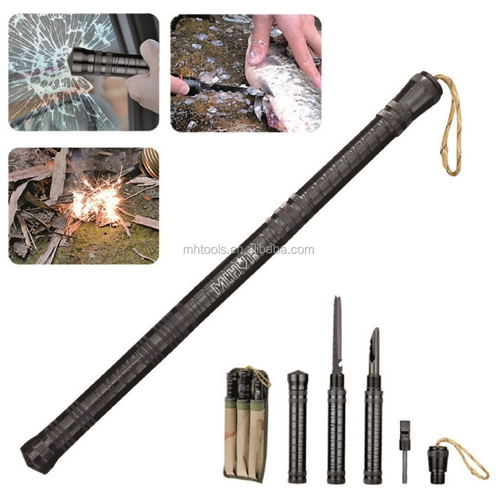 Outdoor multifunction dismountable defend Baton Multi Purpose include knife saw fire sticker tools