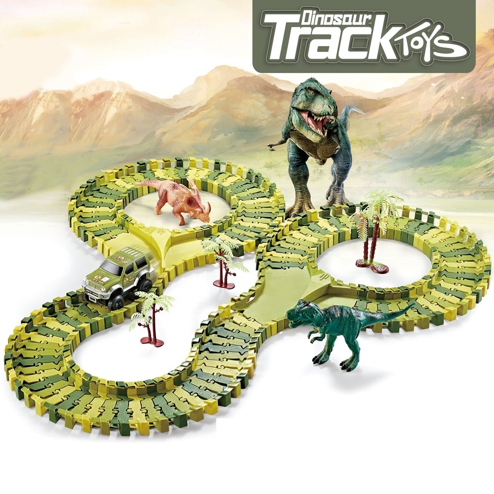 Dinosaur park dino race track car kid diy assembly slot car racing electric rail car toy with dinosaur figure