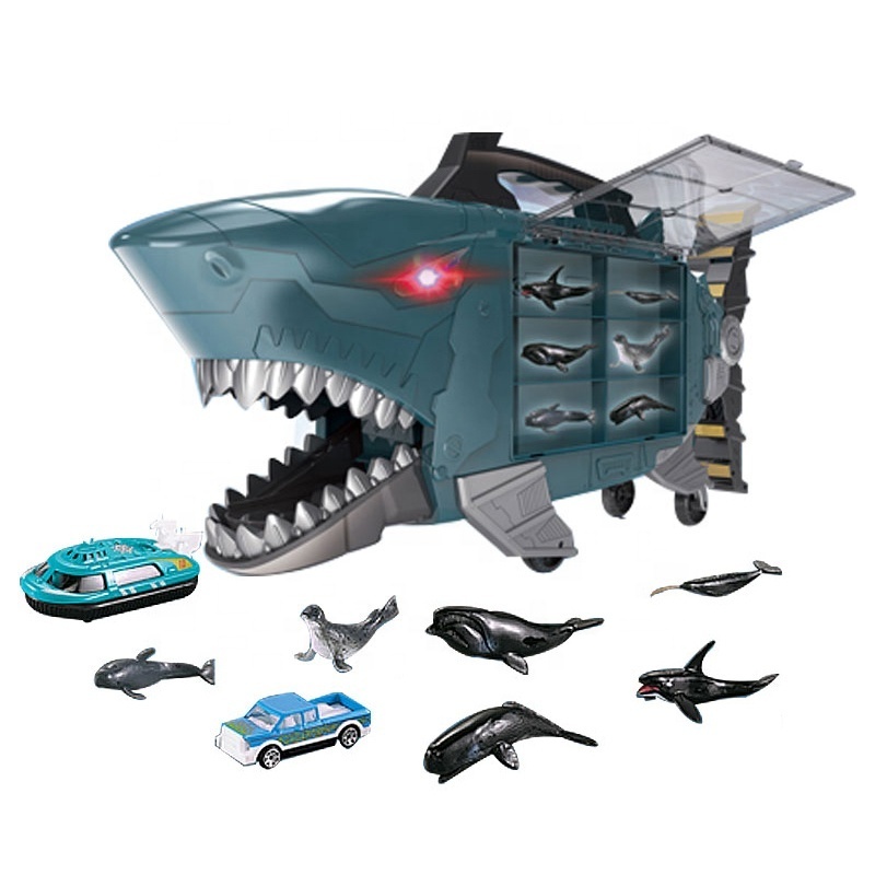 New portable shark toys play house storage box with marine animal and die-cast cars free wheels vehicles toy juguetes para ninos