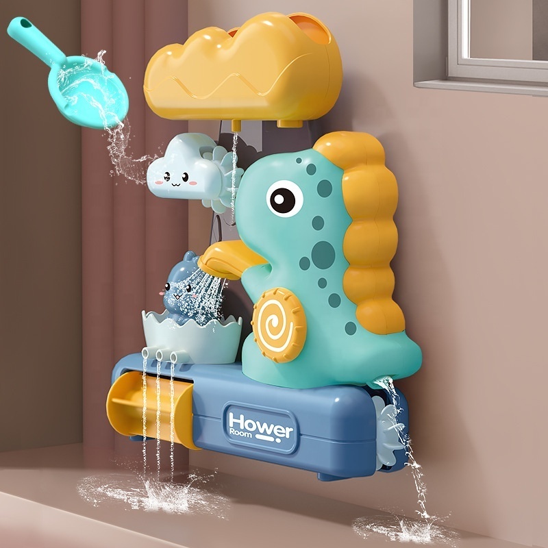 Popular baby water playing bath toy spin water spray waterwheel waterfall shower cartoon dinosaur bathtub toys with suction cup