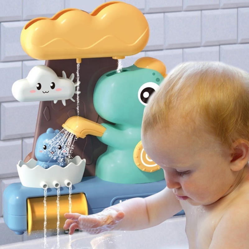 Popular baby water playing bath toy spin water spray waterwheel waterfall shower cartoon dinosaur bathtub toys with suction cup