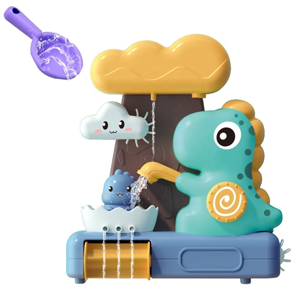 Popular baby water playing bath toy spin water spray waterwheel waterfall shower cartoon dinosaur bathtub toys with suction cup