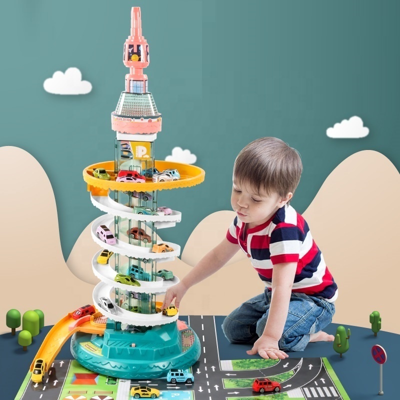 New arrival multi layer pearl tower vehicle DIY assembly parking garage toy slot track car toy parking lot with music and light