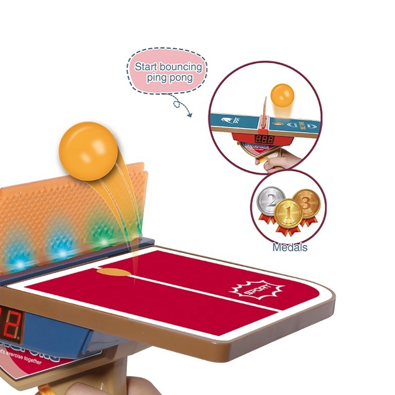 Newest 2 in 1 sport toy ping pong ball balance count playing game kid handheld launch mini table tennis gun toy with light sound