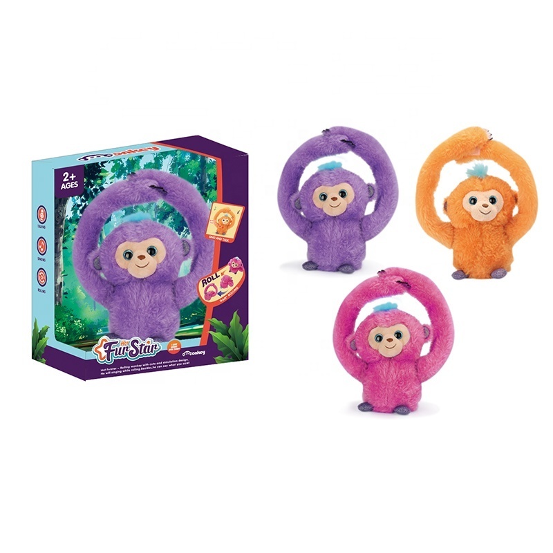 Voice control soft stuffed rolling toy animal electric tumble dancing plush monkey dolls with music recording repeat function