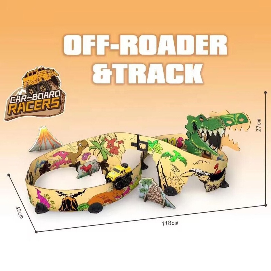 Newest dinosaur track car toy electric racing car creative doodle track set DIY building paperboard track monster truck for kids