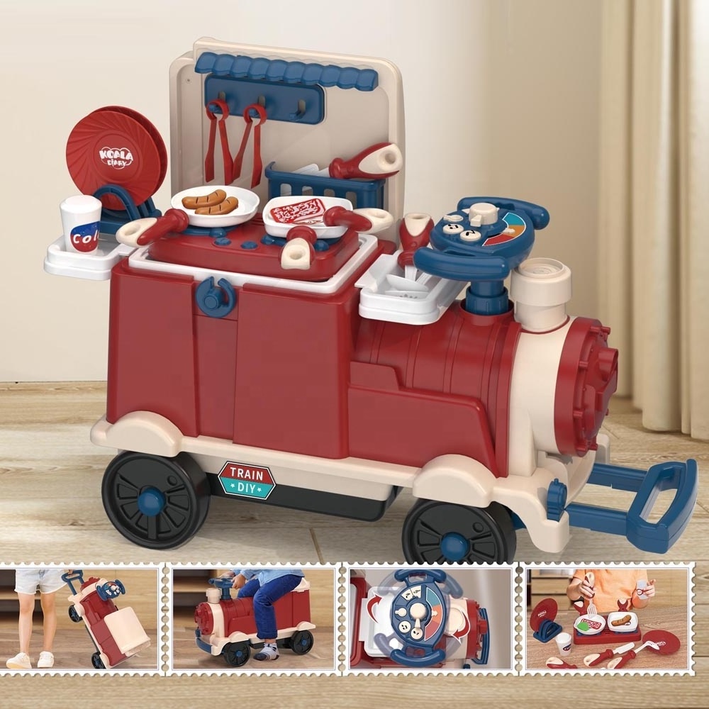 3 in 1 cutlery train ride on car toy trolley kids simulation kitchen cooking pretend play house set with music steering wheel