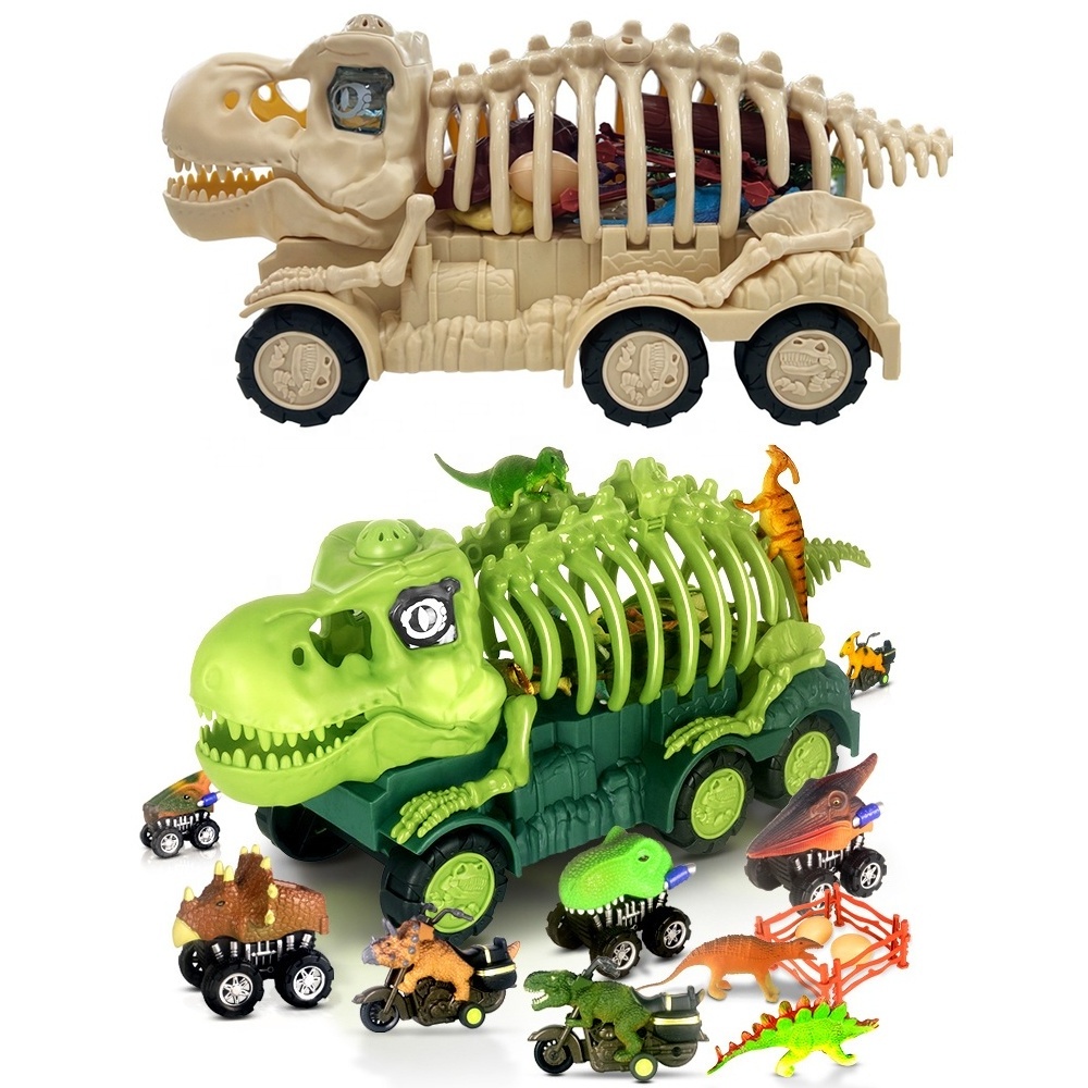 Dinosaur transporter truck toy kids dinosaur skeleton glide car transport truck dino figure&egg carrier set with light and sound